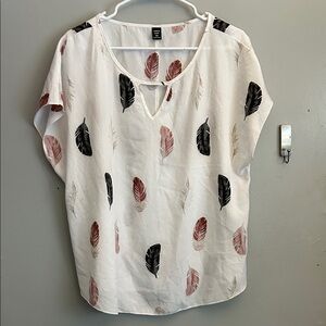 H&M White Blouse with Black and Pink Feather Print
